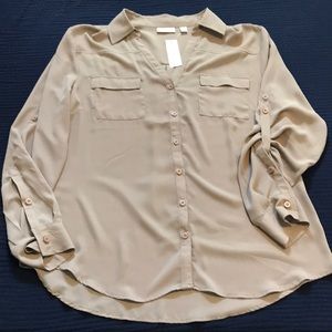 NWT New York & Company tan polyester button down collared blouse Size XL